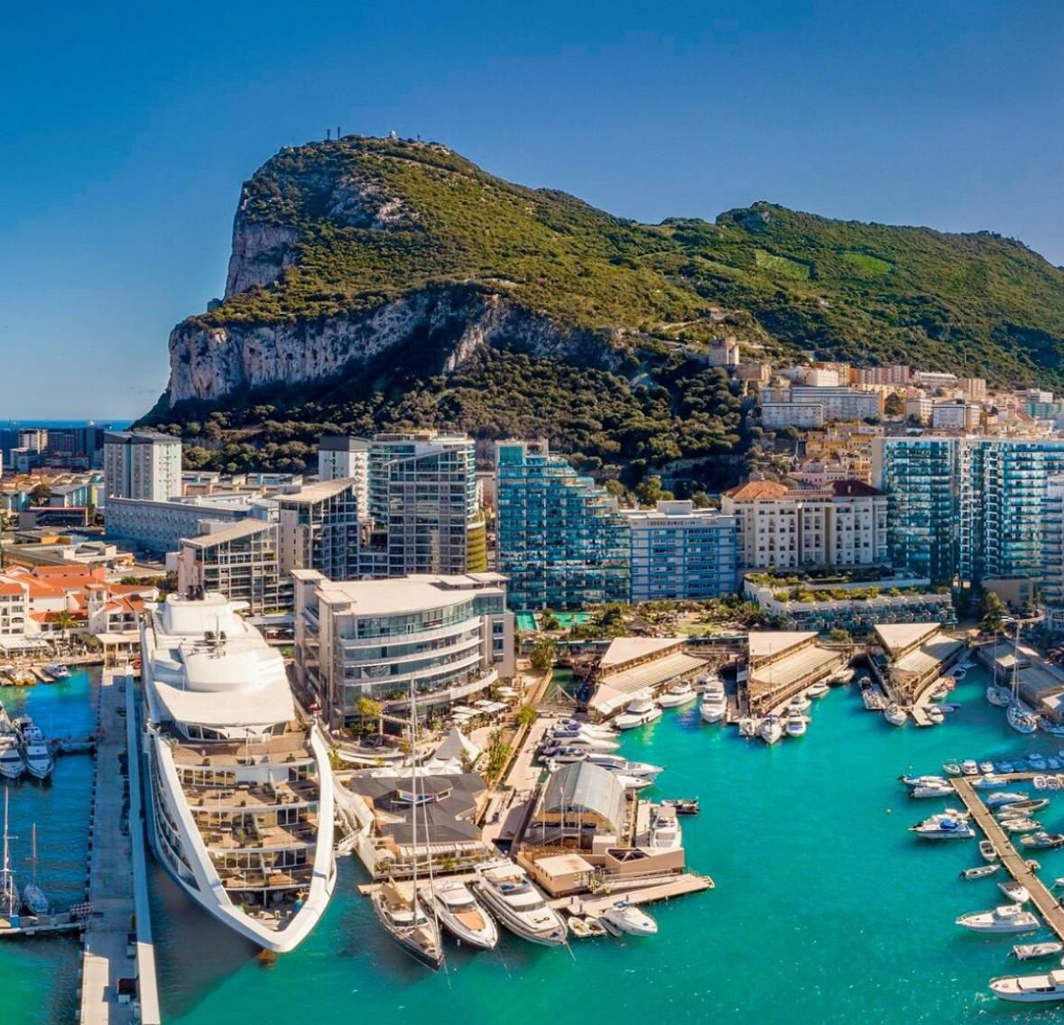 Gibraltar marina beneath the Rock of Gibraltar — Up & Clean's home port
